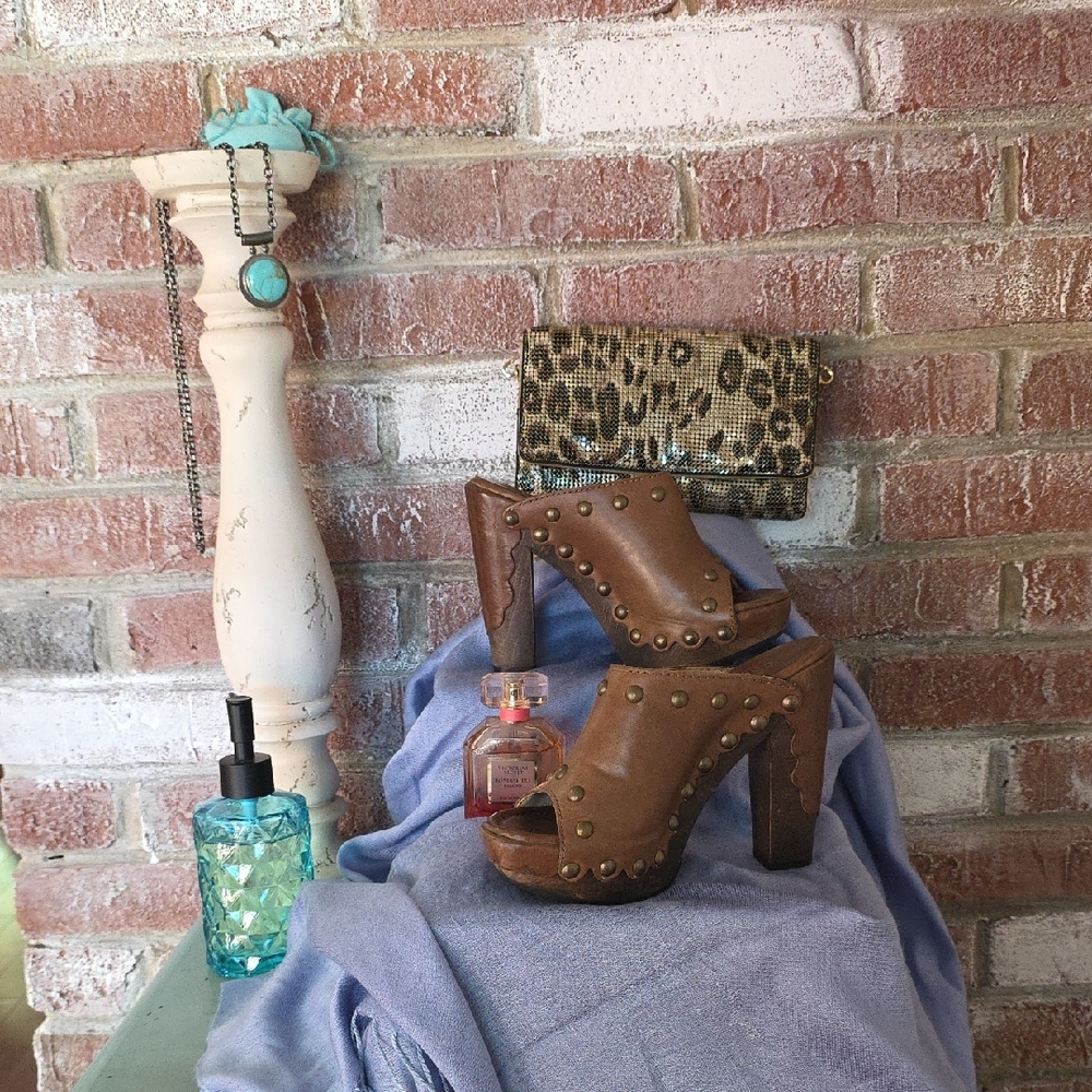 Stuart Weitzman Brown Leather Studded Mules